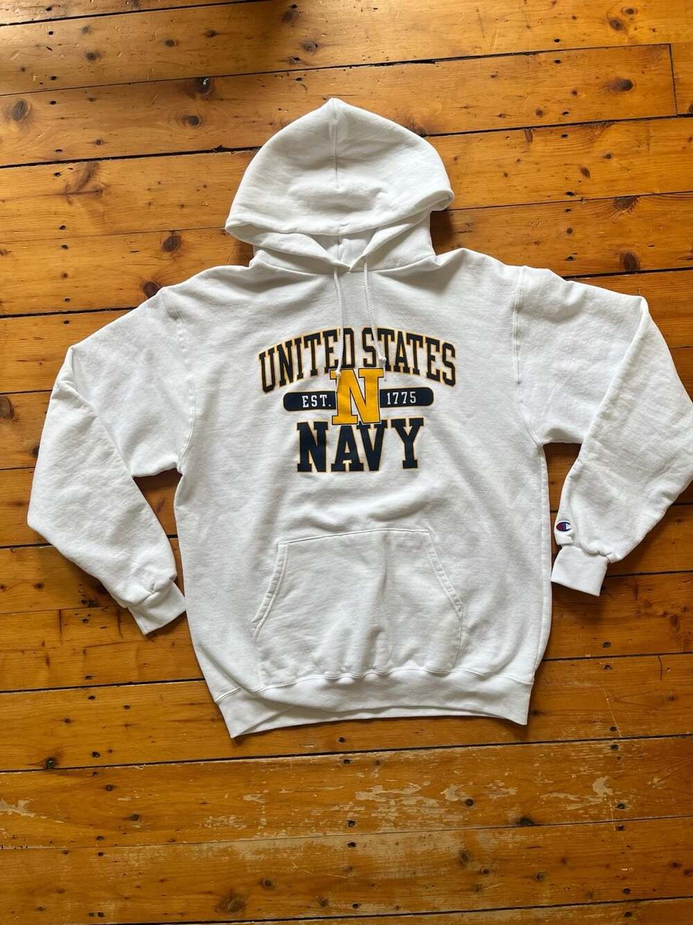 Champion Eco Fleece United States Navy Est. 1775 White Pullover Hoodie Size L